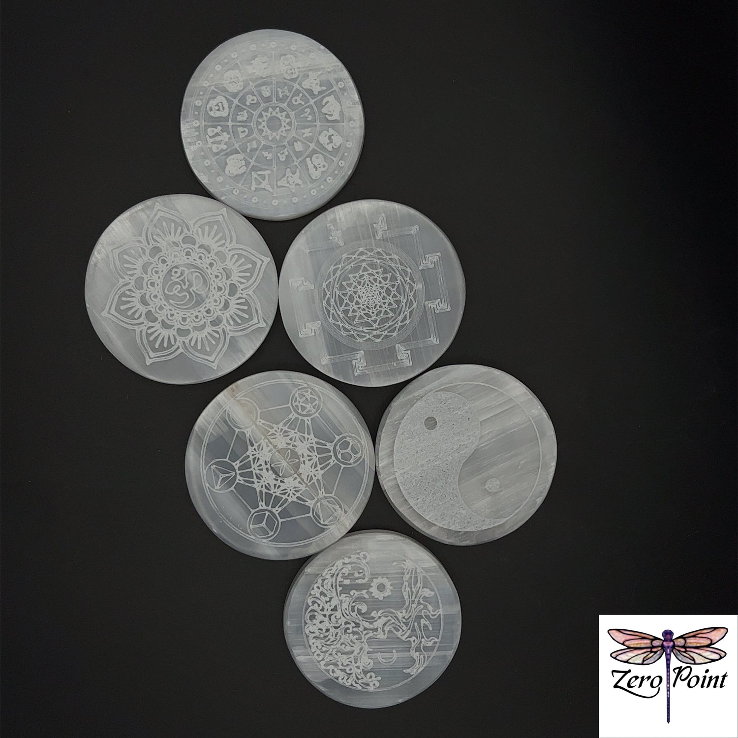Selenite Engraved Charging Plate 2.75" - Zero Point Crystals