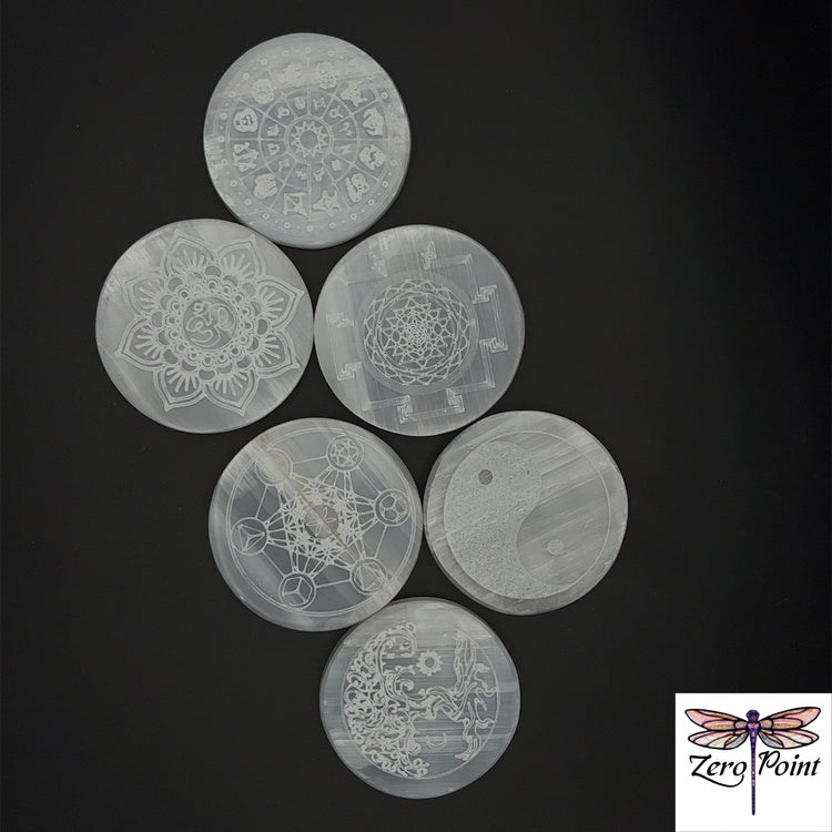 Selenite Engraved Charging Plate 2.75" - Zero Point Crystals
