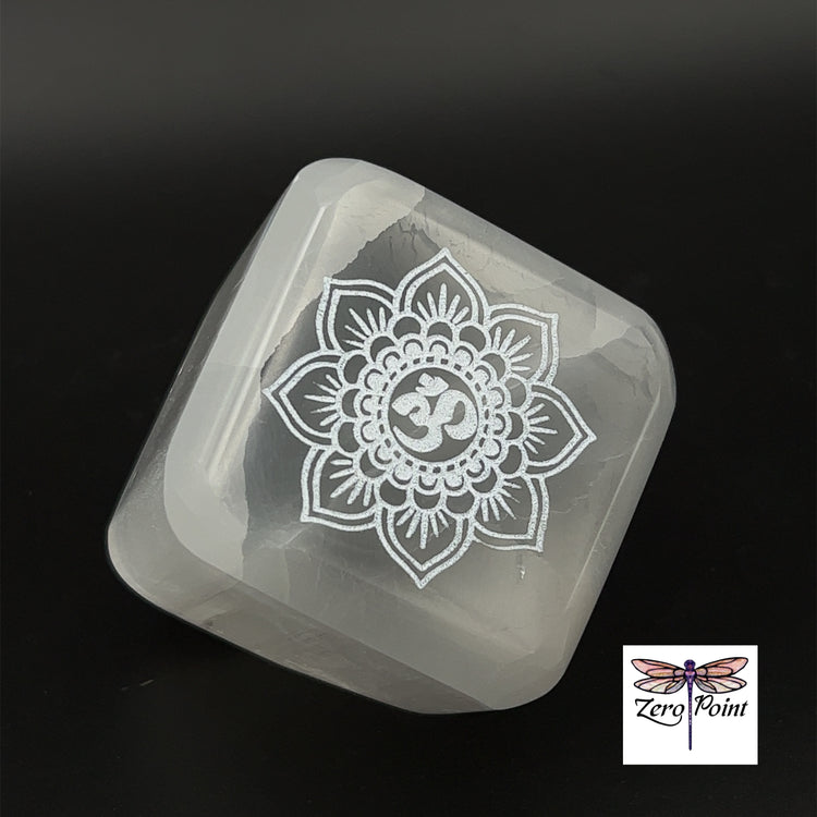 Engraved Selenite Cube - Zero Point Crystals