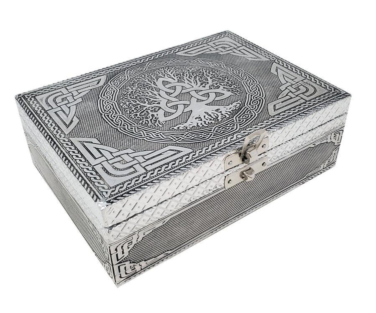 Triquetra Tree Carved Metal over Wood Box - Zero Point Crystals