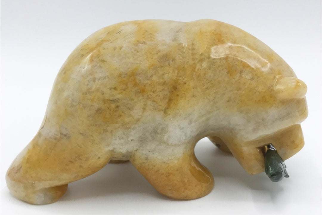 Sunset Agate Carved Bear with Jade Fish - Zero Point Crystals