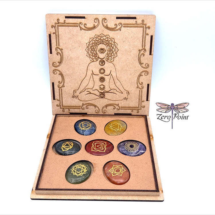Engraved Chakra Stone Set  in Wooden Box - Zero Point Crystals