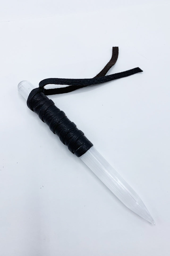 Leather Wrapped Selenite Wand DB - Zero Point Crystals