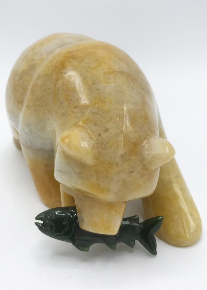 Sunset Agate Carved Bear with Jade Fish - Zero Point Crystals