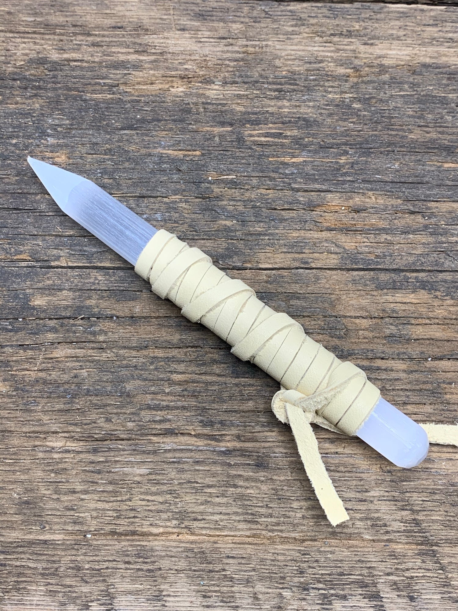 Leather Wrapped Selenite Wand BK - Zero Point Crystals