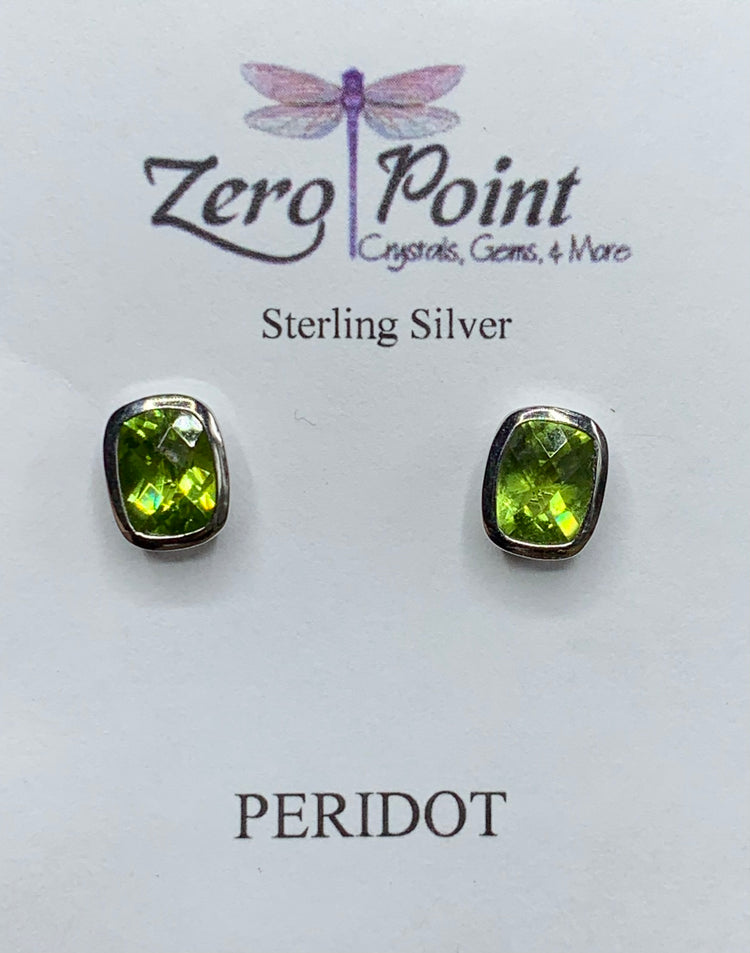 Peridot Rectangle Bezel Set Stud Earrings - Zero Point Crystals